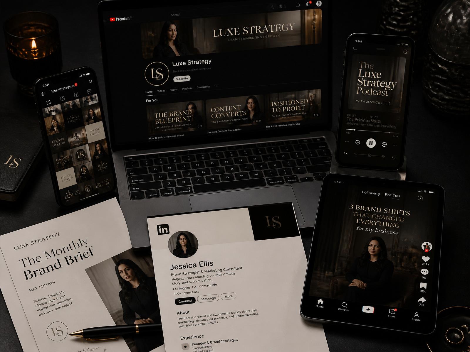 A luxury flat lay of social platforms — Instagram, YouTube, podcast, TikTok, and LinkedIn — mocked for a premium brand